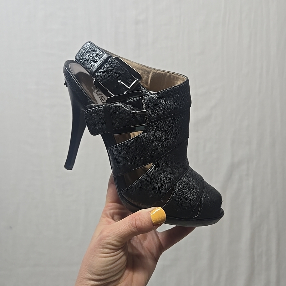 Michael Kors CHARCOAL SOFT METALLIC LEATHER Open Toe Stiletto Heel Women's 6 M